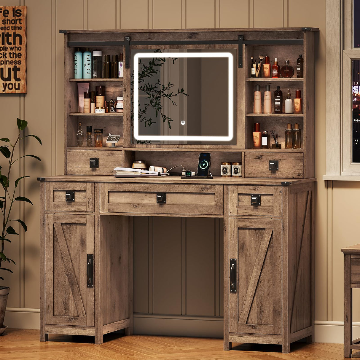 Makeup Vanity Desk with Lights, 47.2" Farmhouse Vanity Table with Sliding Mirror & Charging Station, Large Makeup Desk with 5 Drawers & 2 Cabinets, Rustic Oak MSmask