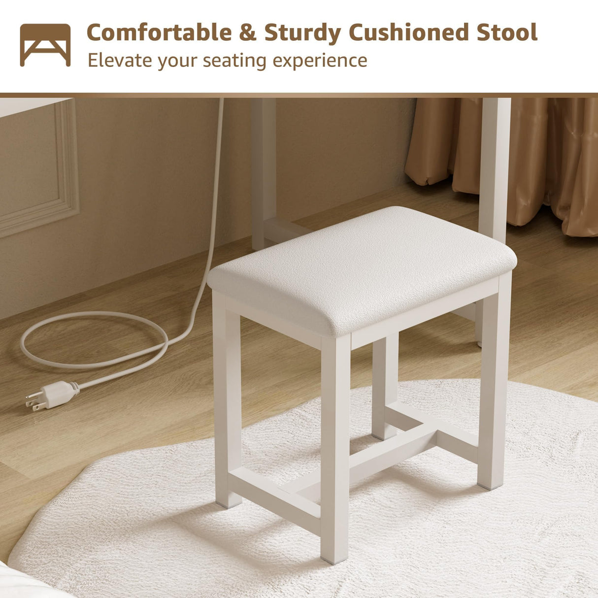 KAI-ROAD White Vanity Desk with Mirror and Light- Makeup Vanity Set Table with Chair, Storage, Lighted Mirror, 4 Large Fabric Drawers & Power Outlet, Dressing Table Vanities for Girls Bedroom KAI-ROAD