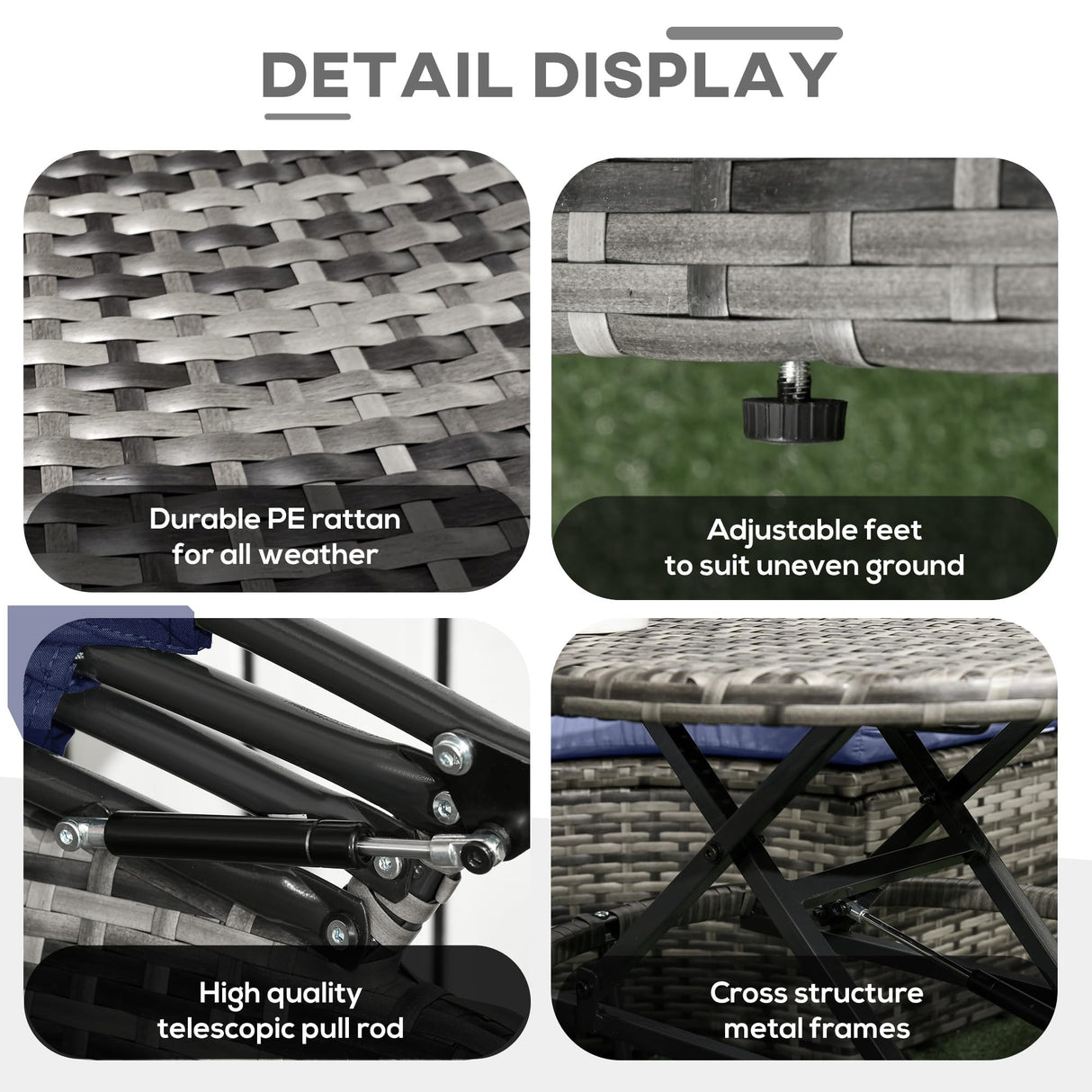 Outsunny 4 Piece Round Rattan Daybed, Convertible Patio Furniture Set, Adjustable Sun Canopy, Sectional Outdoor Sofa, 2 Chairs, Extending Tea Table Ottoman Chair, 3 Pillows, Dark Blue Outsunny