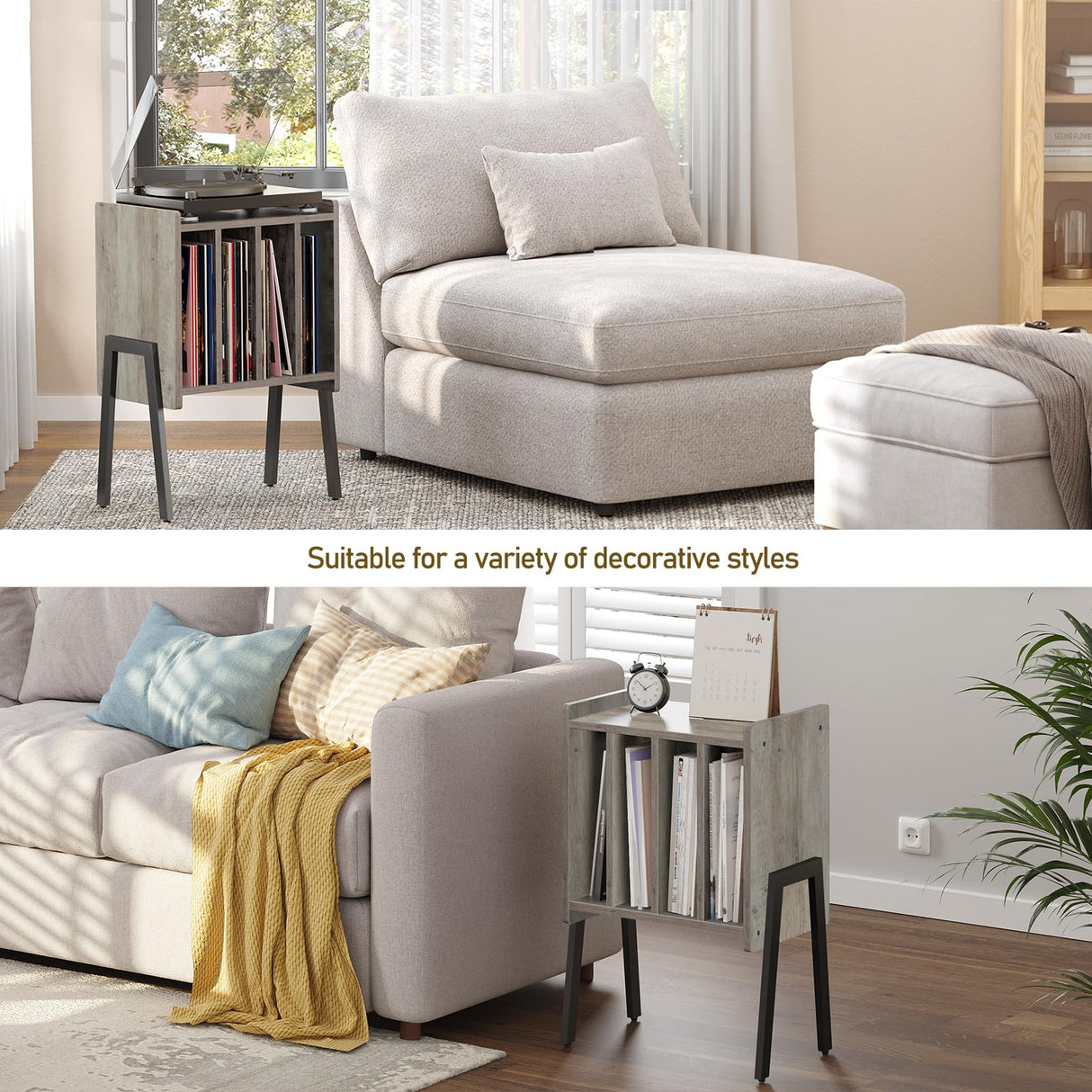 TUTOTAK Record Player Stand, Record Storage Table, End Table with Vinyl Holder Display Shelf, Side Table, Turntable Stand, Nightstand (Greige) TUTOTAK