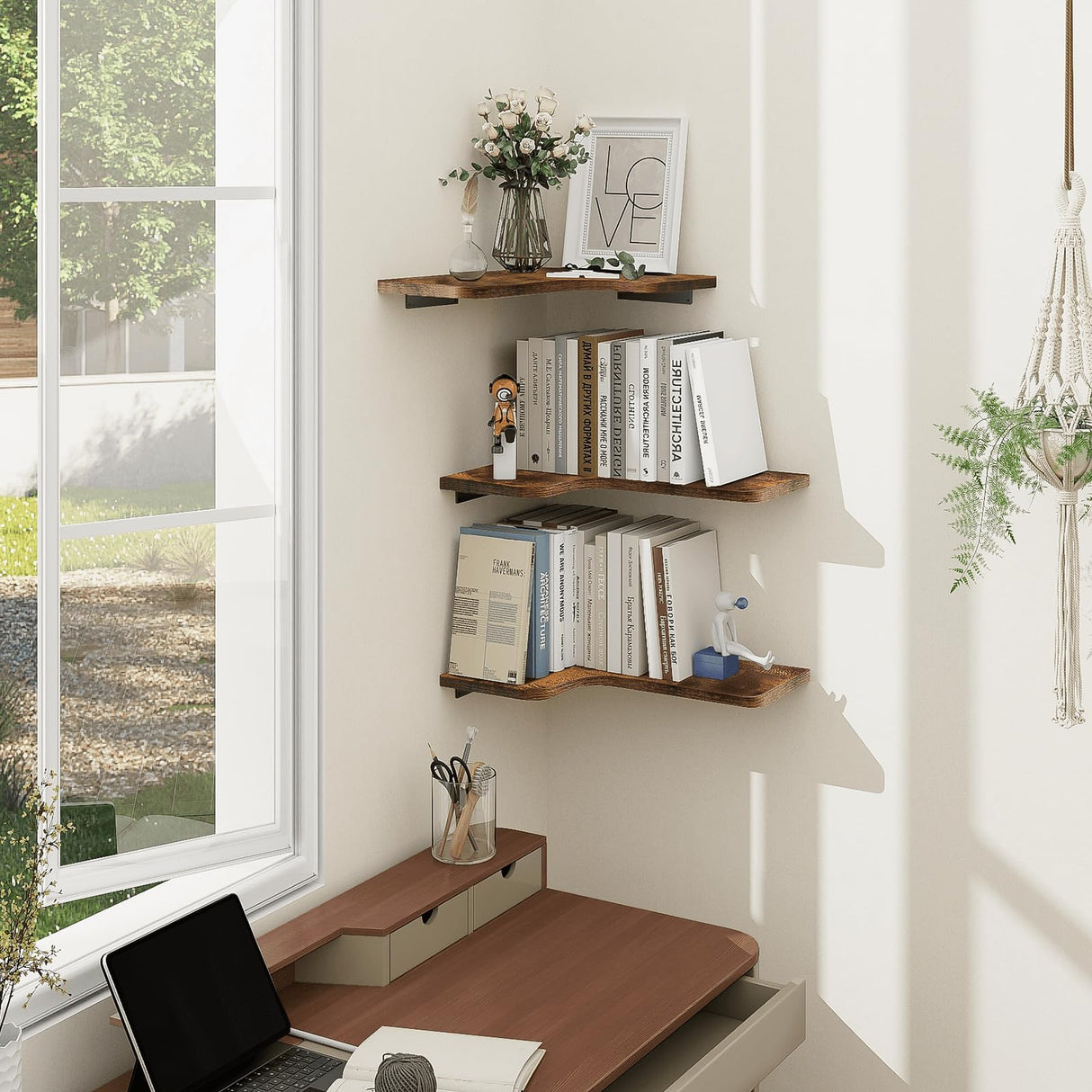 Homode Corner Floating Shelves, Corner Shelves Wall Mounted with Cord Hole, Set of 3 L Shape Wood Wall Storage Shelves for Living Room Bedroom Bathroom Kitchen, Rustic Brown Homode