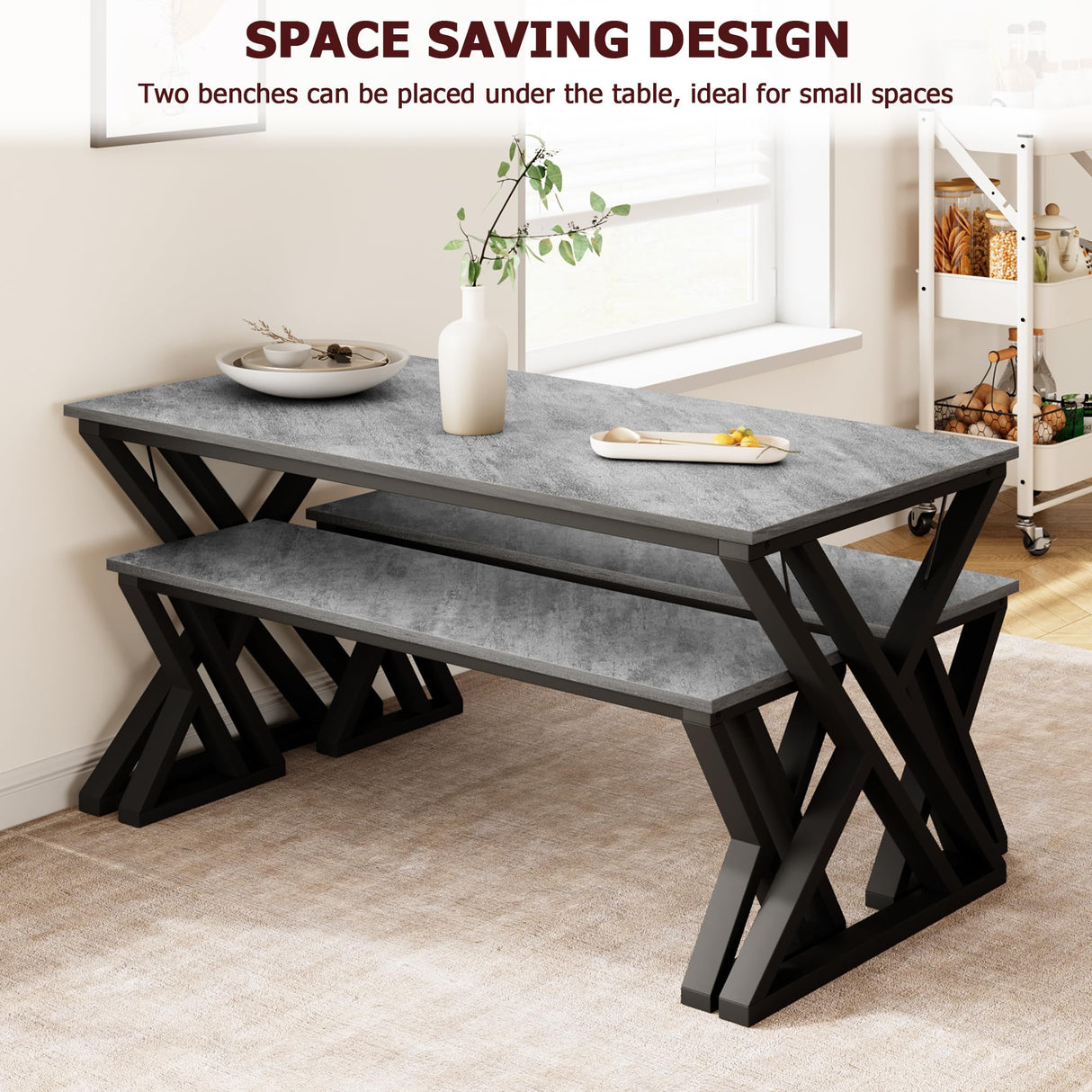 GarveeHome Kitchen Table with 2 Benches, Dining Table Set for 4, Saving Space Dining Room Table Set for Kitchen, Dining Room, Apartment, Sturdy Metal Frame, Grey GarveeHome