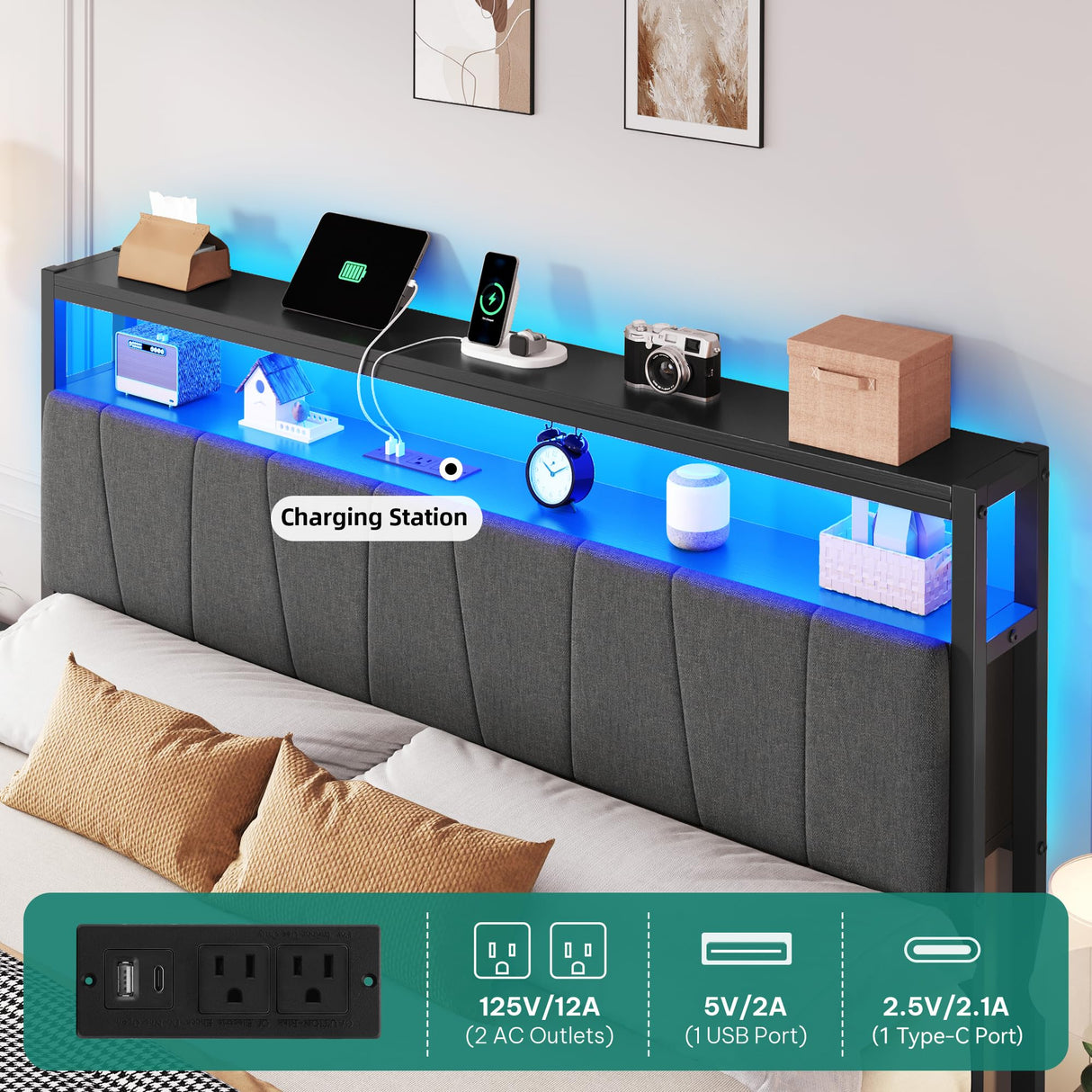 YITAHOME Queen Bed Frame with Storage Headboard, Upholstered LED Platform Bed with Charging Station, Heavy-Duty Metal Slats, No Box Spring Needed, Fast Assembly - Gray YITAHOME