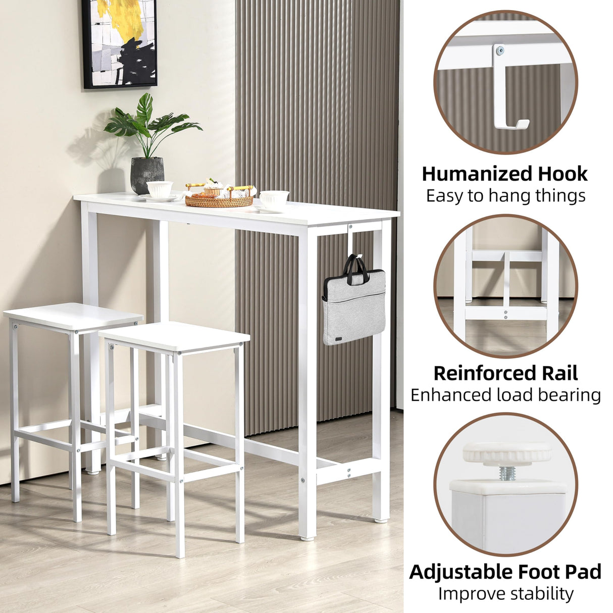 Finnhomy 47" Industrial Bar Table Set with 2 Stools - Counter Height Dining & Pub Table for Small Spaces, Kitchen, Apartment, Breakfast Nook - Metal & Wood, Space-Saving Furniture - White Finnhomy