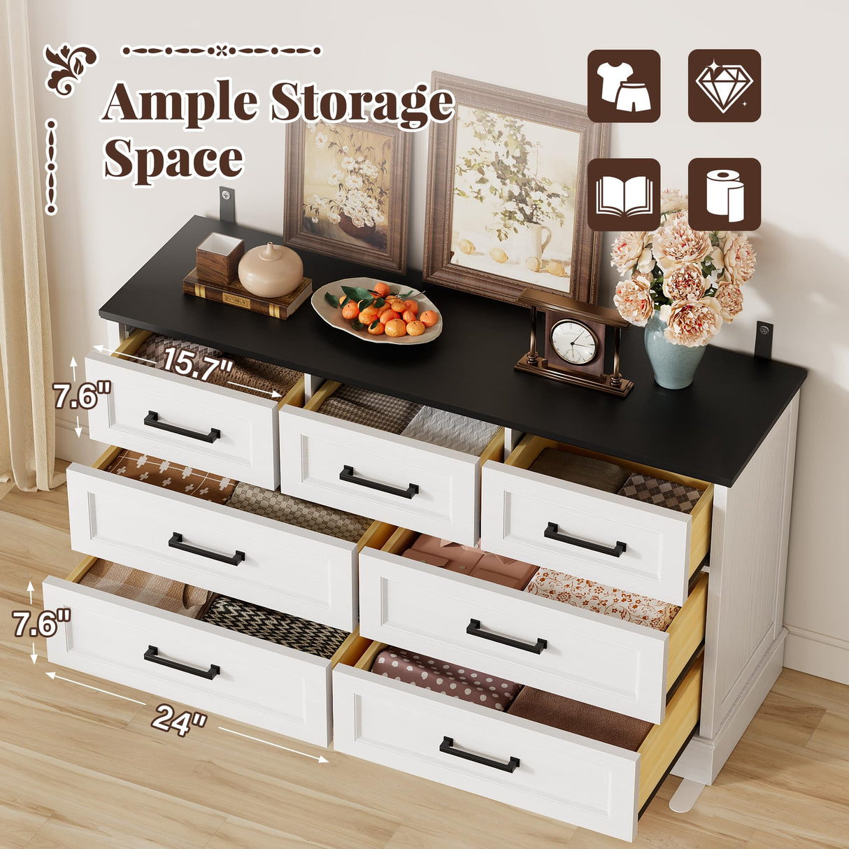 Furmax Farmhouse Dresser for Bedroom, 7 Drawers Dresser, Wood Chest of Drawers, 52" Wide Storage Dressers Organizer for Bedroom, Living Room, White and Black Furmax