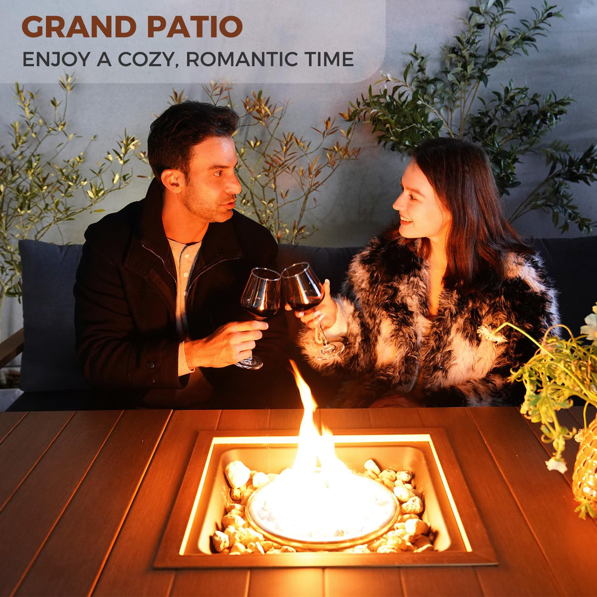 Grand patio 4-Piece Outdoor Furniture Set with Gas Fire Pit Table, Aluminum Patio Sofa Set for 8 with Faux Wood Grain Finish, Modern Patio Couch Sofa with Outdoor Bench and Chaise for Backyard Grand patio