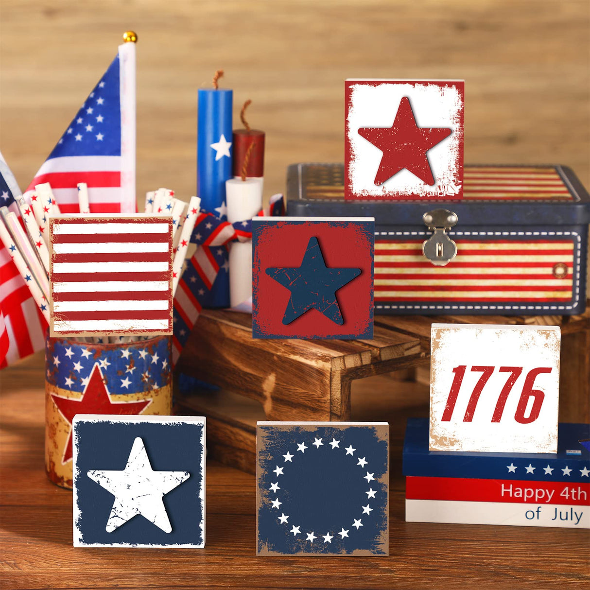 6 Pcs Independence Day Wood Signs Rustic Patriotic Standing Blocks Decor for Home 4th of July Table Centerpiece Labor Day Tiered Tray Decorations for Shelf Party Decor Panelee