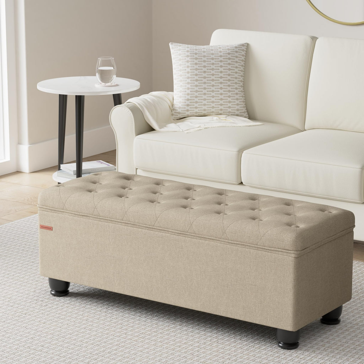 SONGMICS Storage Ottoman, Storage Bench, Tufted Entryway Bedroom Bench, 17.7 x 46.5 x 17.7 Inches, Hinges Easy Lid Operation, Wooden Legs, Linen-Look Cover, Loads 330 lb, Camel Brown ULOM070K01 SONGMICS