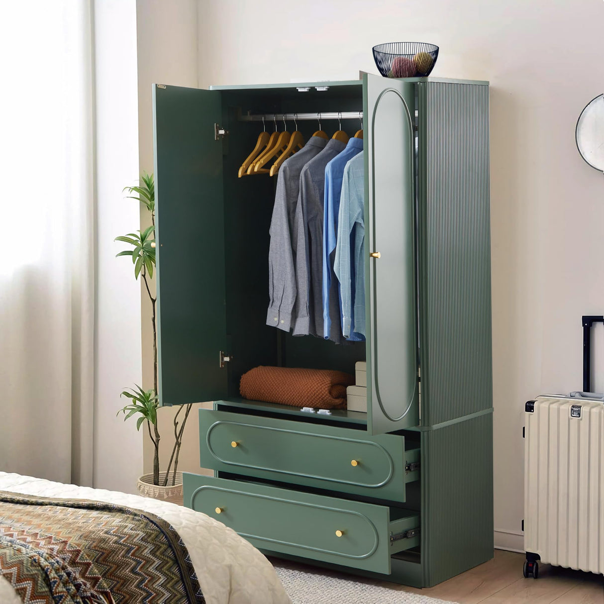 Fluted Freestanding Armoire Wardrobe Closet with 2 Doors and 2 Storage Drawers, Large Capacity Wardrobe Cabinet, Wooden Closet for Bedroom, Living Room - Green ORRD