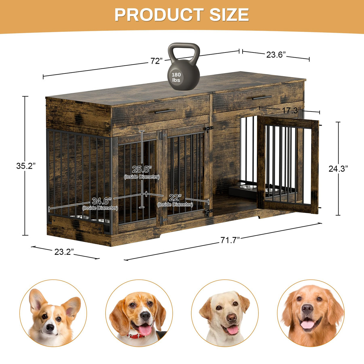 OUYESSIR Dog Crate Furniture, 72.05 Inch Wooden Large Dog Kennel with 2 Drawers & Dog Bowls, Dog House with Double Doorss & Divider, Heavy Duty Indoor Dog Cage for Large Medium Dogs, Rustic Brown OUYESSIR
