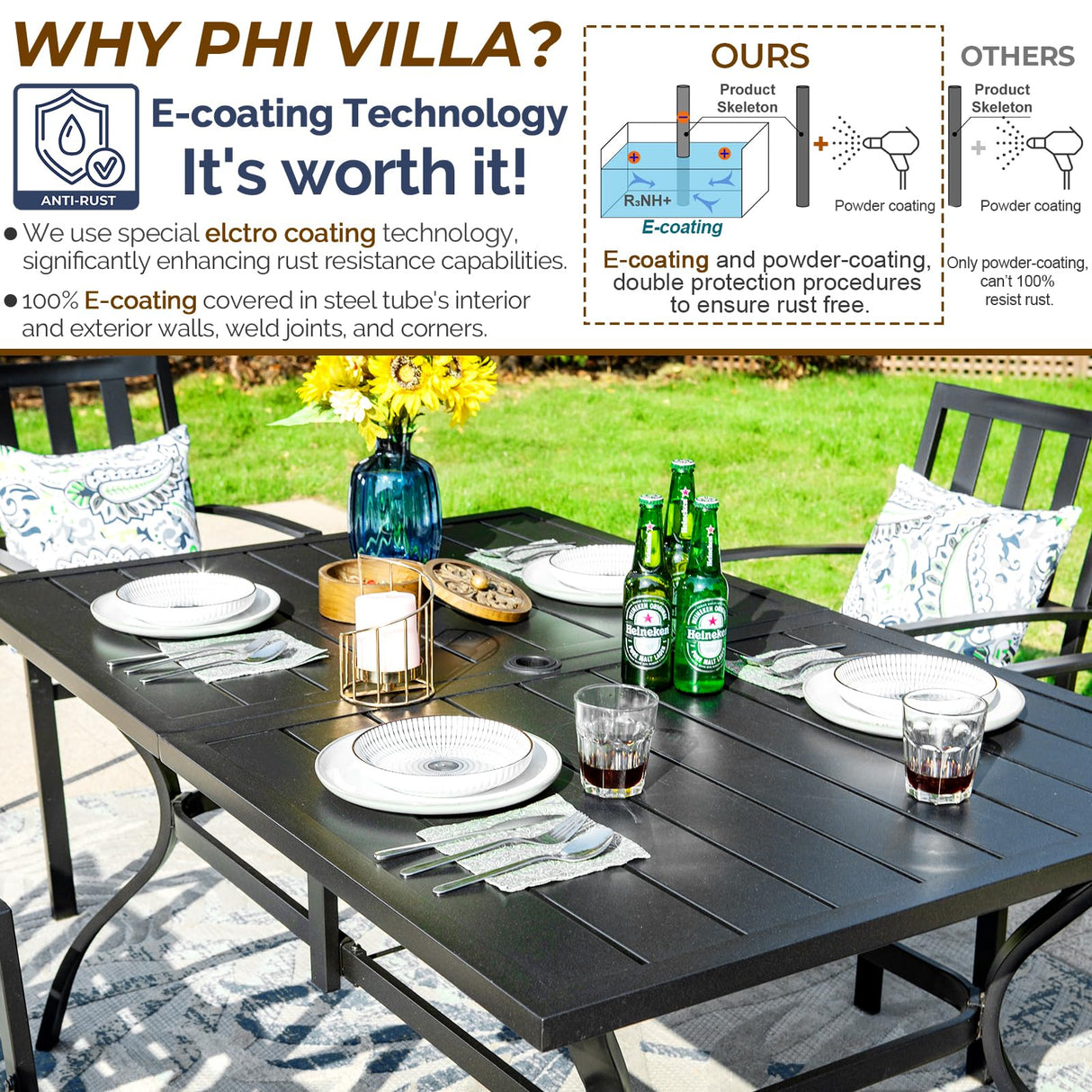 PHI VILLA 7 Piece Outdoor Dining Set for 6, 60” Rectangular Metal Steel Dining Table with Umbrella Hole & Stackable Dining Chairs for Patio, Deck, Yard, Garden PHI VILLA