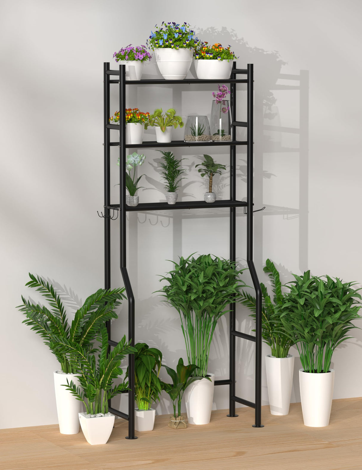 Livilord 3-Tier Over The Toilet Storage, Freestanding Metal Bathroom Shelves with 4 Hooks, Over Toilet Storage Shelf with Paper Holder, Above The Toilet Shelf for Bathroom Storage, Black Livilord