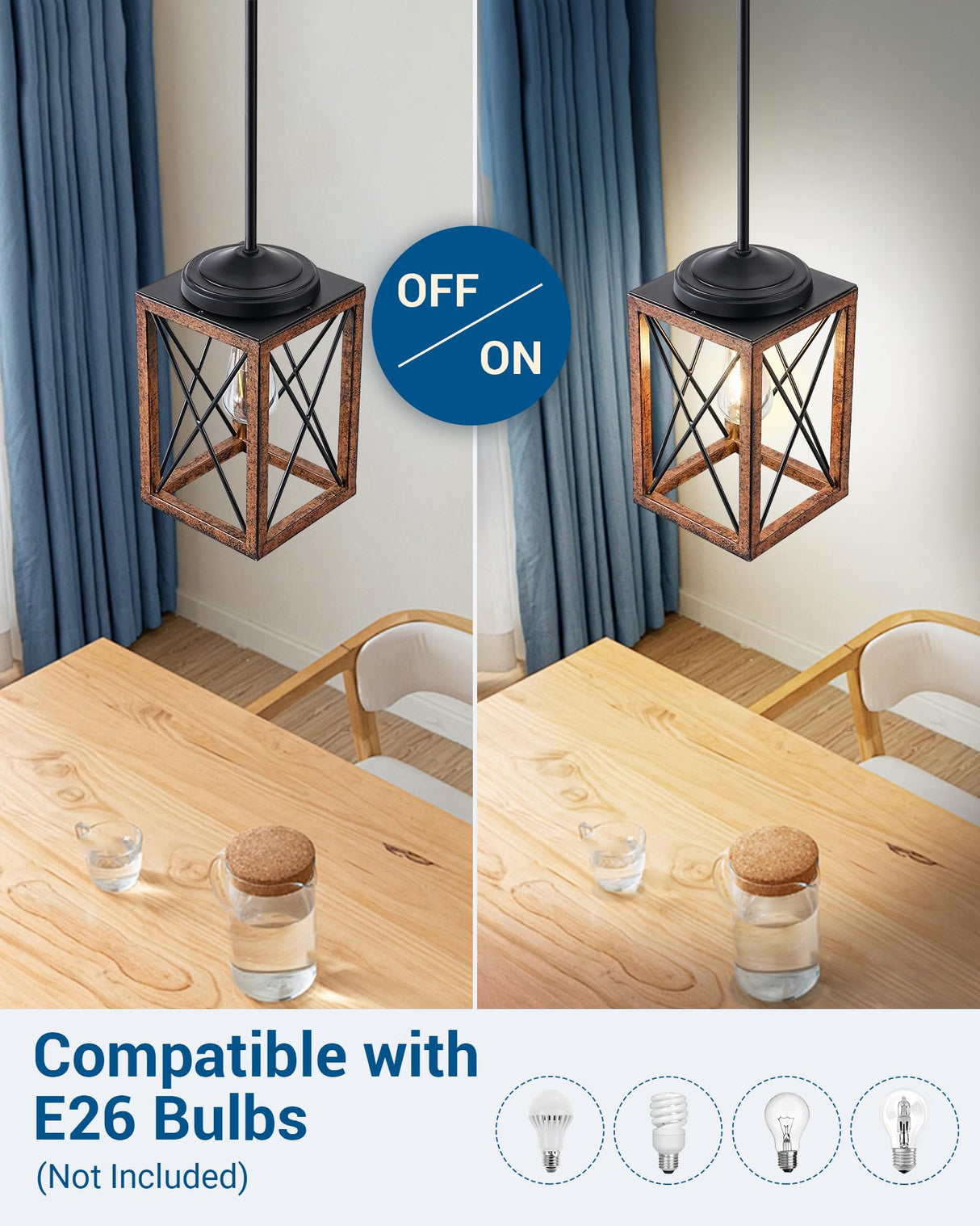 DEWENWILS Farmhouse Pendant Light, Metal Hanging Light Fixture with Wooden Grain Finish, 48 Inch Adjustable Pipes for Flat and Slop Ceiling, Kitchen Island, Bedroom, Dining Hall, E26 Base DEWENWILS