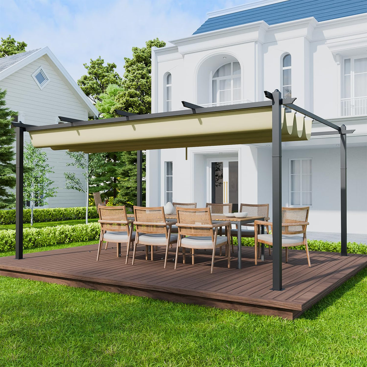 EBE 12'x16' Outdoor Pergola, Metal Patio Pergolas, Heavy Duty Retractable Awning Pergola Sun Shade Canopy for Decks, Gardens and Backyards, Beige EBE