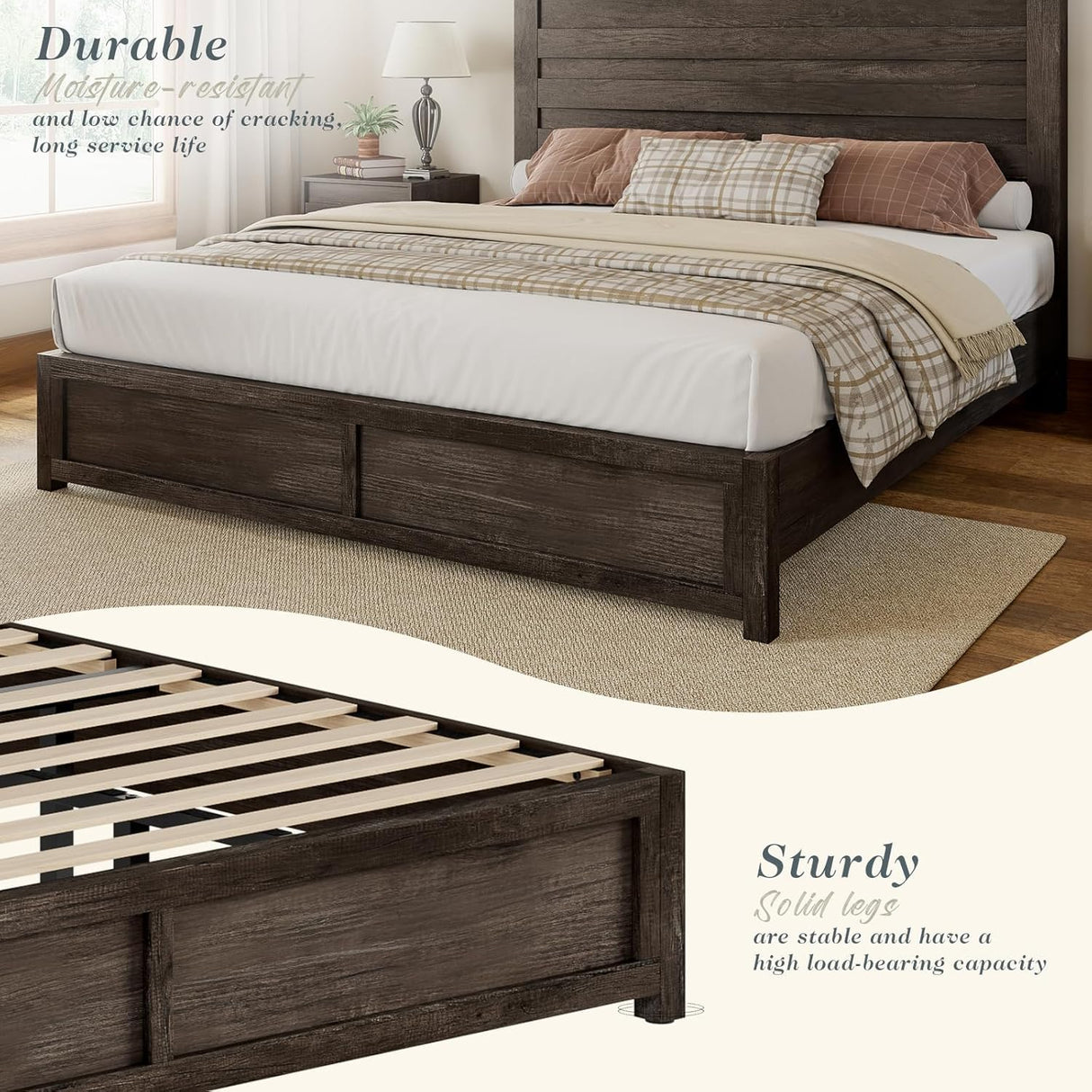 Albott King Bed Frame with 49" Farmhouse Slatted Headboard, Platform Bed with Wood Slats, No Box Spring Needed, Easy Assembly, Rustic Grey Albott