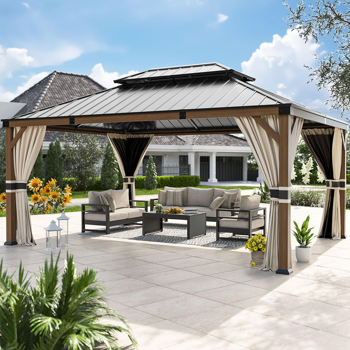 UDPATIO 12' x 16' Hardtop Gazebo, Wood Grain Finish Aluminum Frame Outdoor Gazebo with Galvanized Steel Double Roof, Metal Gazebo Canopy with Curtain and Netting for Patio, Deck and Lawn, Beige UDPATIO