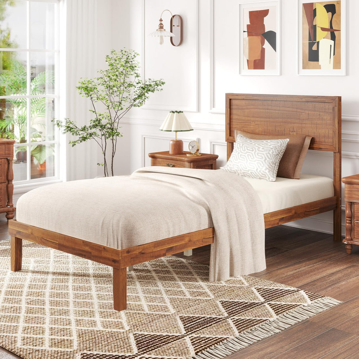 Giantex Wood Twin Bed Frames with Headboard, Mid Century Modern Platform Bed Twin Size with Solid Wood Legs & Wooden Slat Support, Easy Assembly, No Box Spring Needed, Walnut Giantex