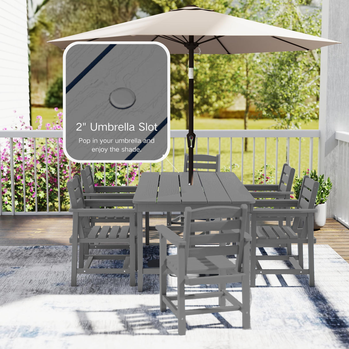 AreShark 7 Piece Patio Dining Set with 11ft Patio Umbrella (Black), 7 Gray Outdoor HDPE Dining Set with 6 Chairs + 1 Large Table with 2" Umbrella Hole, for Market, Pool, Garden, Backyard, Deck AreShark