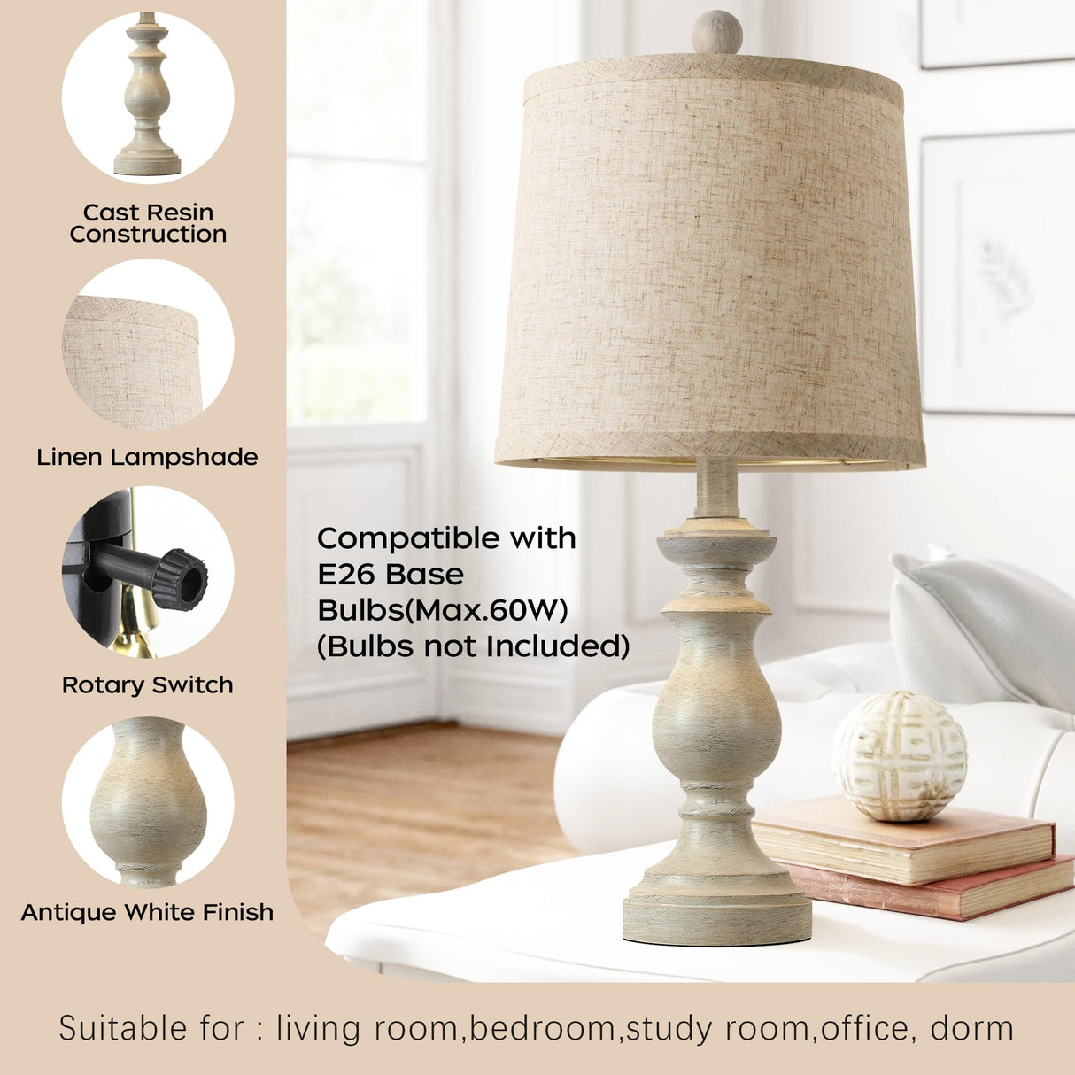 PARTPHONER Traditional Table Lamp Set of 2, Rustic Farmhouse Table Lamps for Living Room Bedroom, 22" Bedside Desk Lamps Vintage Nightstand Lamps with Linen Shades, Antique White PARTPHONER