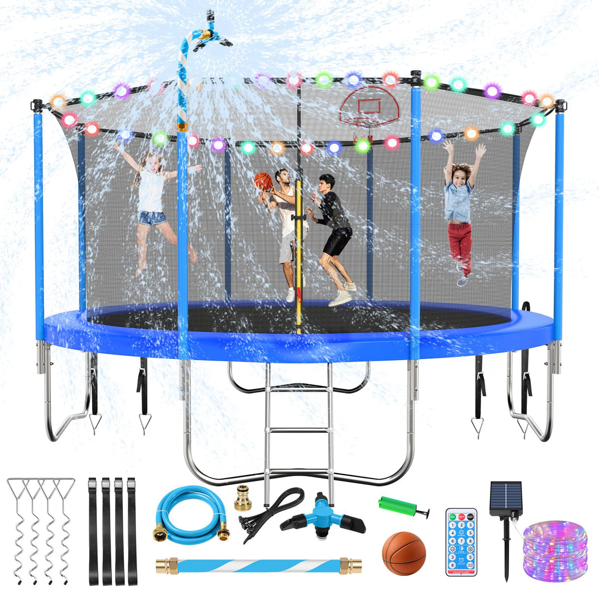 Lyromix Upgraded 12FT Trampoline for Kids and Adults, Large Outdoor Trampoline with Stakes, Light, Sprinkler, Basketball Hoop and Net, Capacity for 4-6 Kids and Adults Lyromix