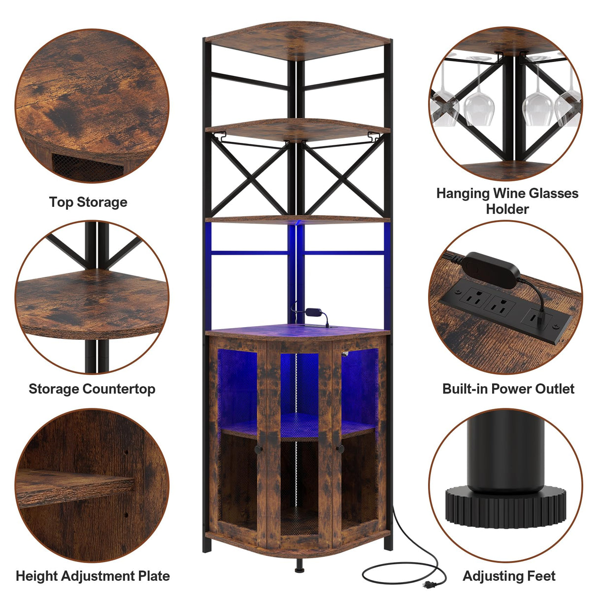 Aufvolr Wine Bar Cabinet with Power Outlet, 6-Tiers Industrial Wine Cabinet with LED Light and Glass Holder, Corner Wine Cabinet with Adjustable Shelf, Liquor Cabinet Bar for Christmas Aufvolr