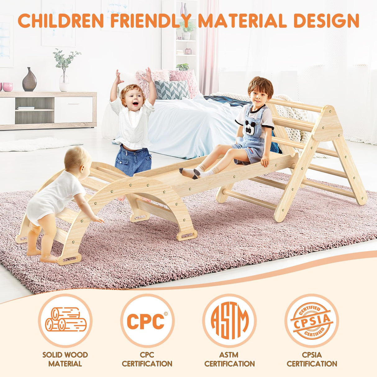 Pikler Triangle Set for Baby Climbing Toys 7 in 1 Foldable Wooden Montessori Climbing Set Indoor Playground for Kid with Arch-Ramp-Ladder Indoor Jungle Gyms for 1-3 Toddlers Fostoy