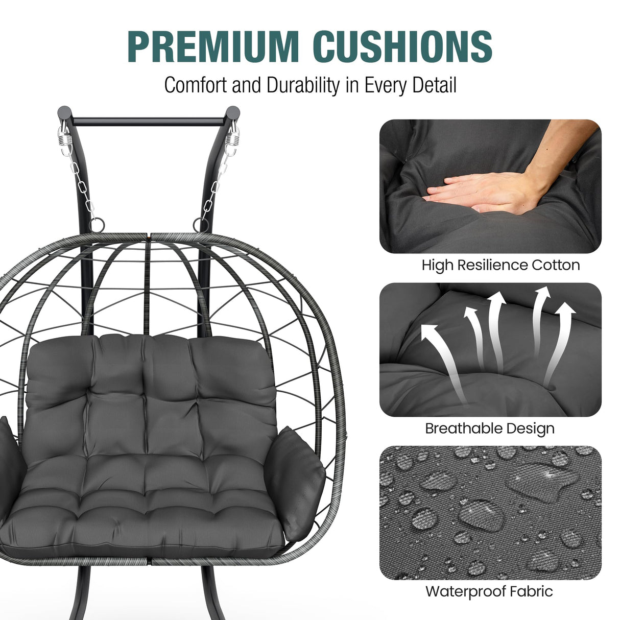 Pamapic Double Egg Chair wth Stand, 700 LBS Loveseat Rattan Swing Chair, UV Resistant Cushions with Armrests and Headrest, Thick Steel Frame Hammock Swing for Outdoor, Patio, Indoor(Grey) Pamapic