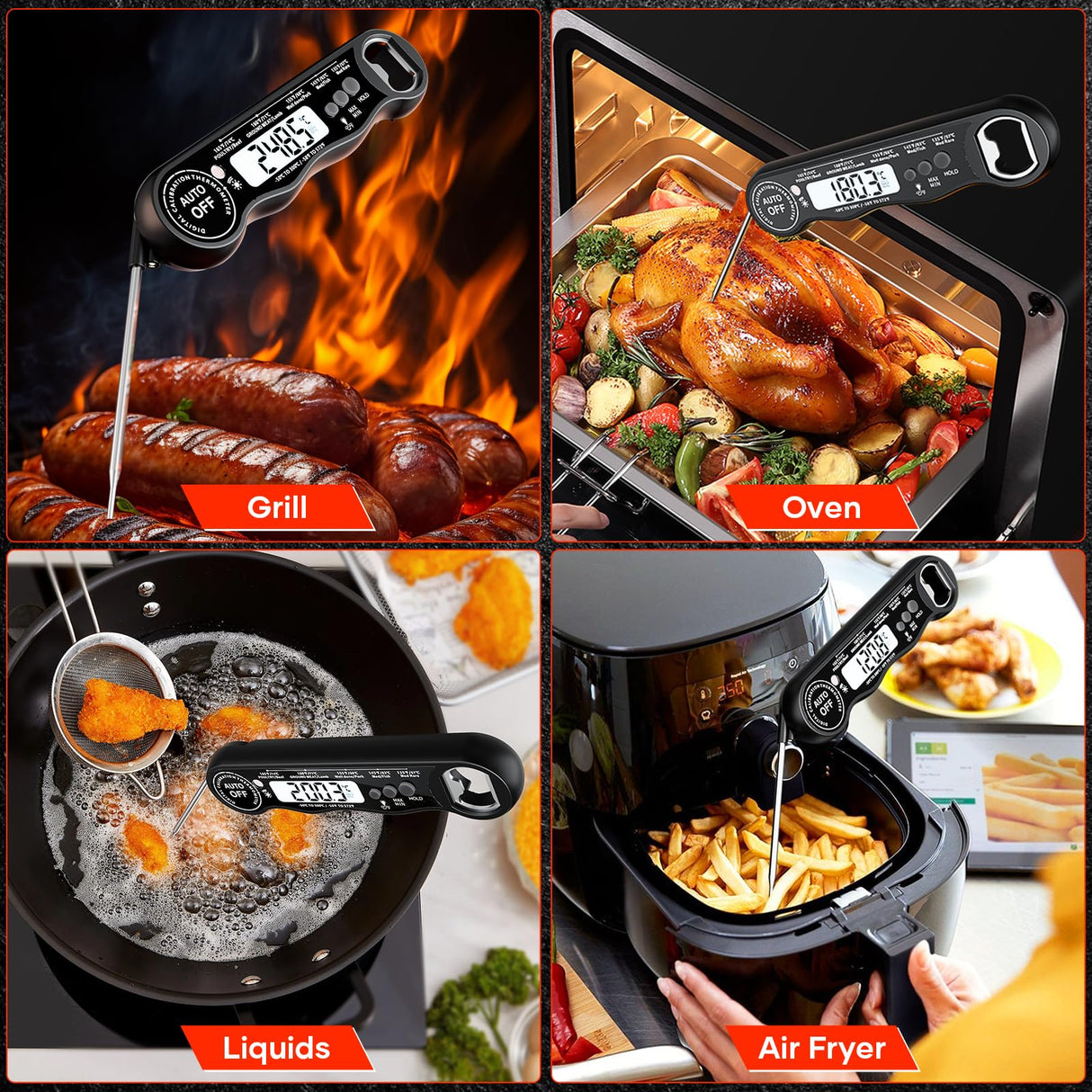 Instant Read Meat Thermometer Digital for Cooking and Grilling, Kitchen Food Thermometer with Foldable Probe Large Backlight Screen & Calibration for BBQ, Smoker, Air Fryer, Oil Fry, Turkey, Beef kejector