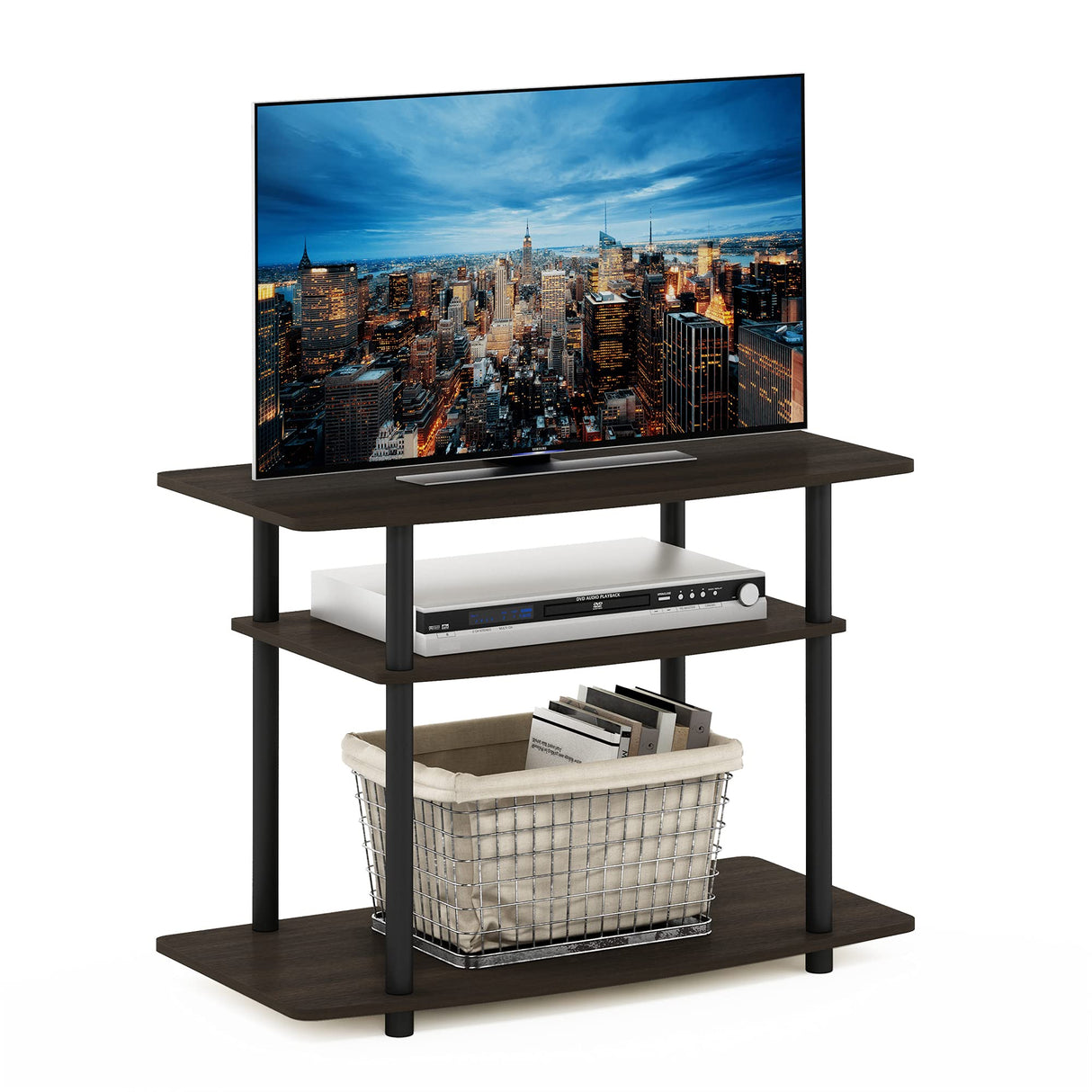 Furinno Turn-N-Tube No Tools 3-Tier Entertainment Center TV Stand for TV up to 32 Inch, Plastic Round Tubes, Dark Brown/Black Furinno