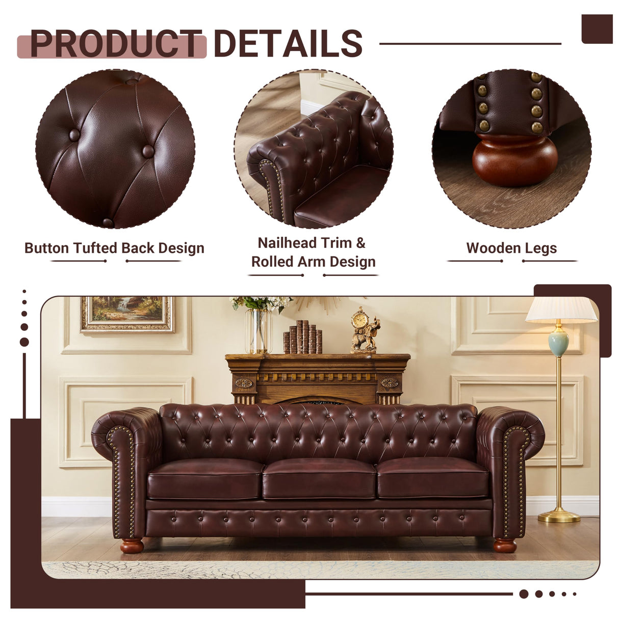N NOORDENIYA Chesterfield Leather Sofa, 89" Mid Century Modern Couch with Low Back, Roll Arm Nailhead Trim Classic 3 Seater Couch for Living Room, Office, Apartment, PU Burgundy N NOORDENIYA