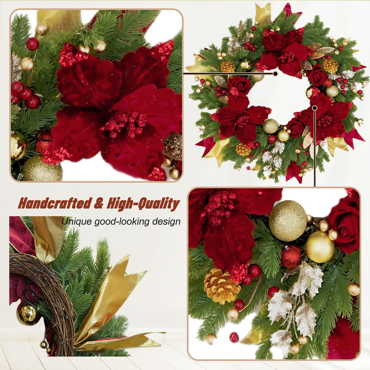 Christmas Wreaths for Front Door, Soomeir Outdoor Winter Wreaths, Large Welcome Wreath with Lights for Holiday Outside Indoors Office Mantle Window (Red Gold) Soomeir