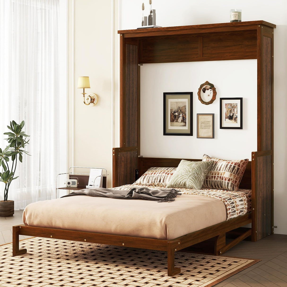 PVWIIK Queen Size Murphy Bed with Storage Shelf & Support Plate for Adult,Girls,Boys,Wood Hidden Wall Bed Cabinet,Space-Saving,No Box Spring Needed, Walnut PVWIIK