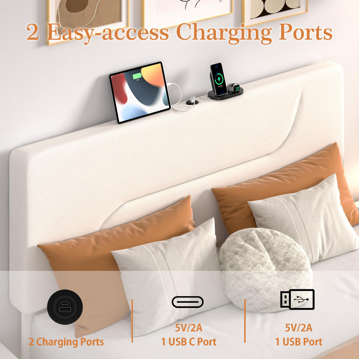 VECELO Full Size Bed Frame with LED Lights, Upholstered Velvet Headboard with Charging Station, Metal and Wood Slats, No Box Spring Needed, Noise Free, Beige VECELO