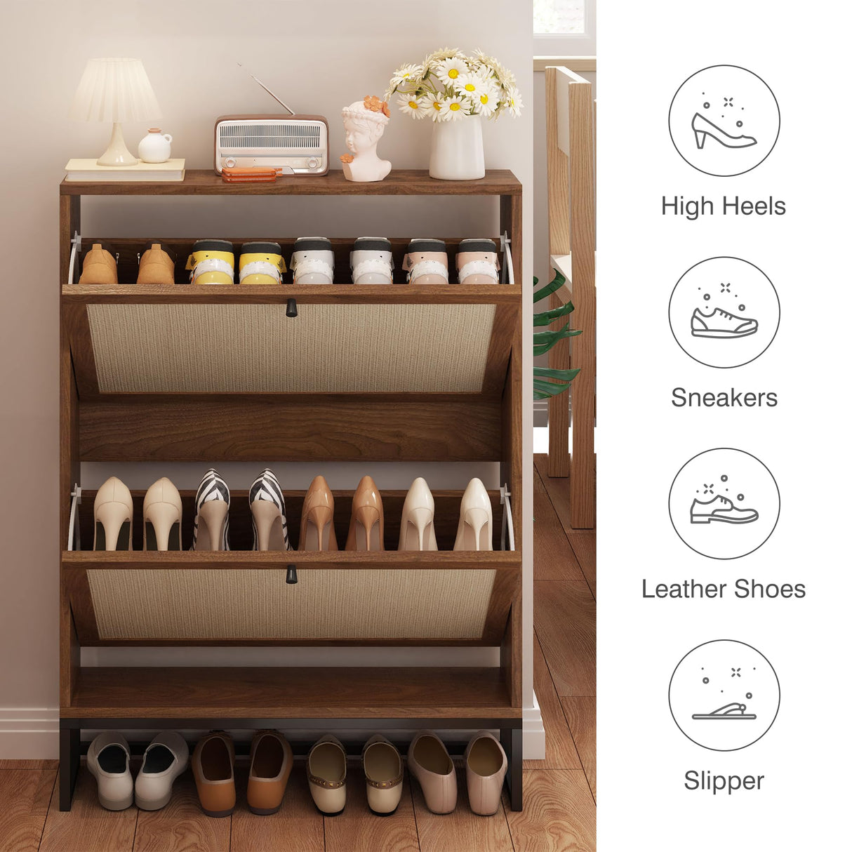 AVZEAR Freestanding Shoe Organizer with 2 Flip Drawer Doors, Entryway & Closet Shoe Storage, Linen Doors, Walnut AVZEAR