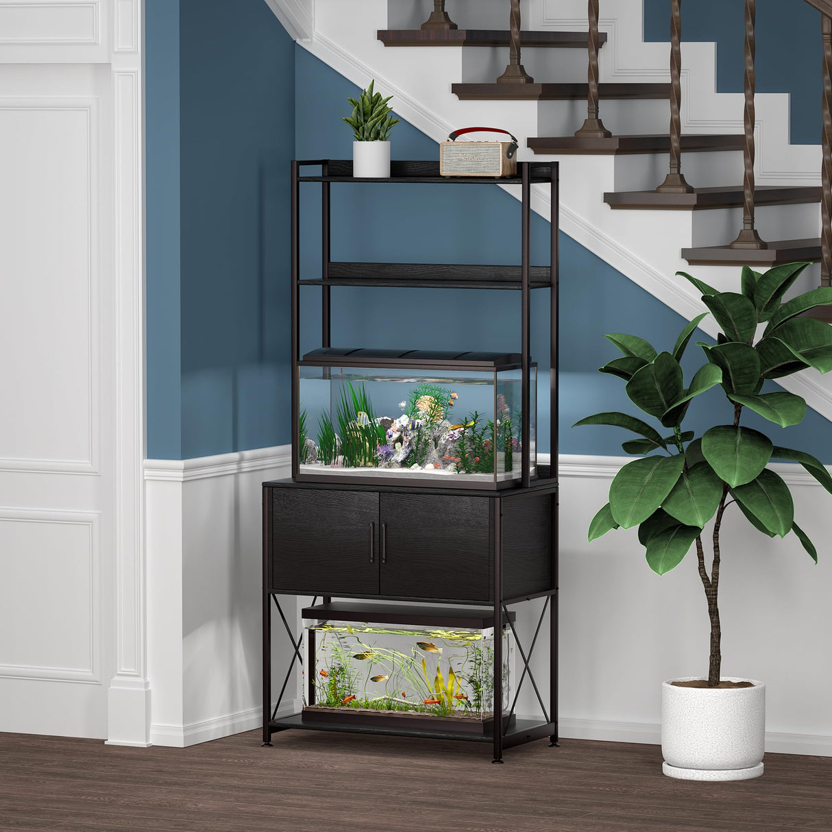 Herture 20-29 Gallon Fish Tank Stand, Aquarium Stand with 2 Shelves and Cabinet Accessories Storage, for 20 Gallon Long Aquarium, Metal Frame 32.28" L*16.53" W PG03YGB Herture