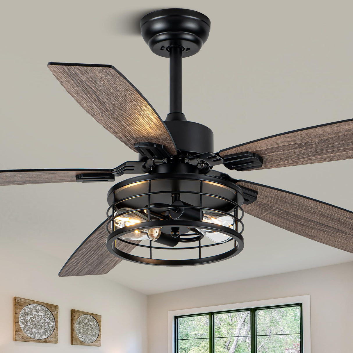 52" Ceiling Fans with Lights, Modern Farmhouse Caged Ceiling Fan with Light and Remote, Reversible Motor, 5 Double Finish Wood Blades, Chandelier Rustic Ceiling Fan for Living Rooms, Bedroom Oaks Aura