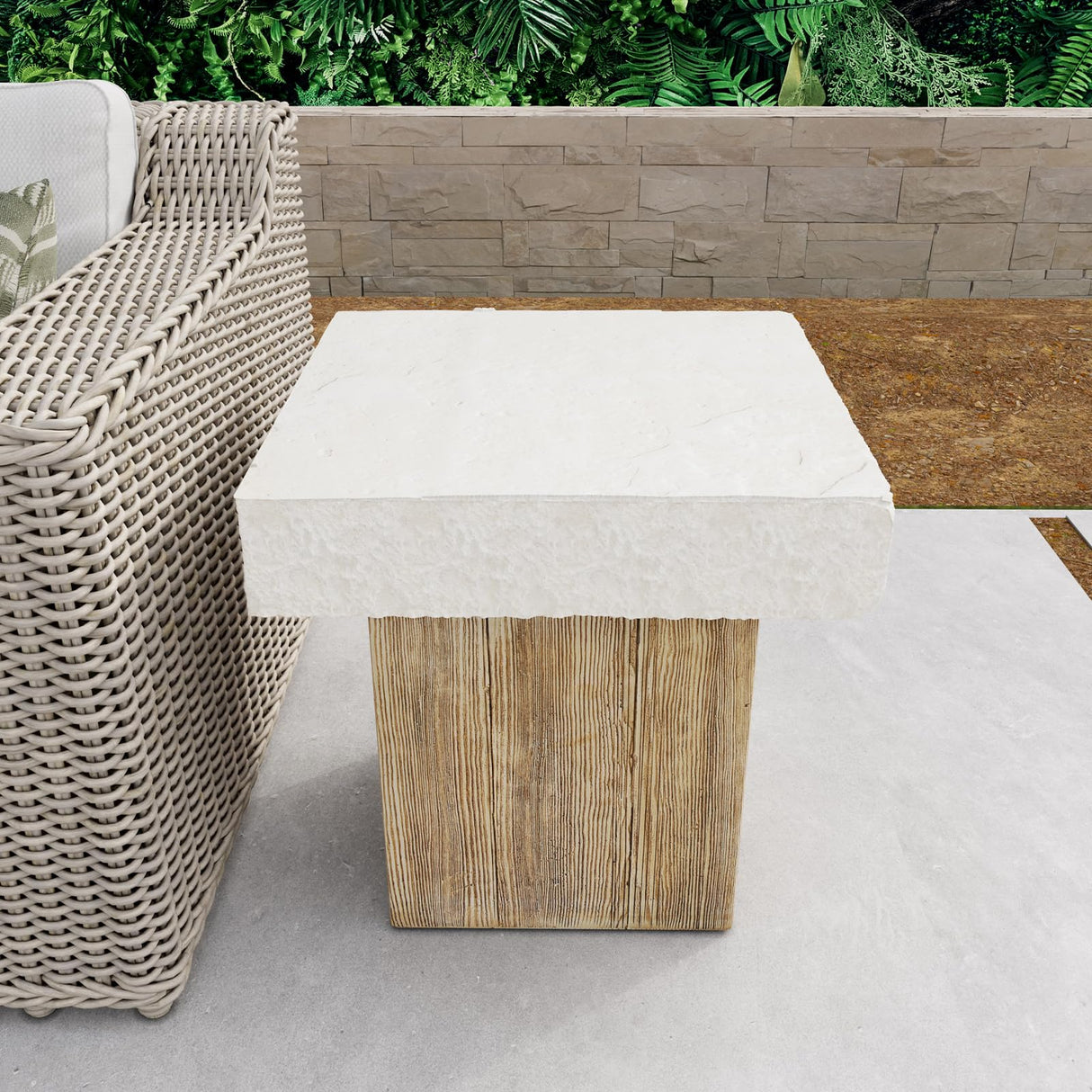 COSIEST Outdoor Medium Side Table, Patio Coffee Table, 19.7 inches Square MgO End Stool with Faux Wooden Pedestal Base,for Patio, Garden, Backyard, Antique Beige COSIEST