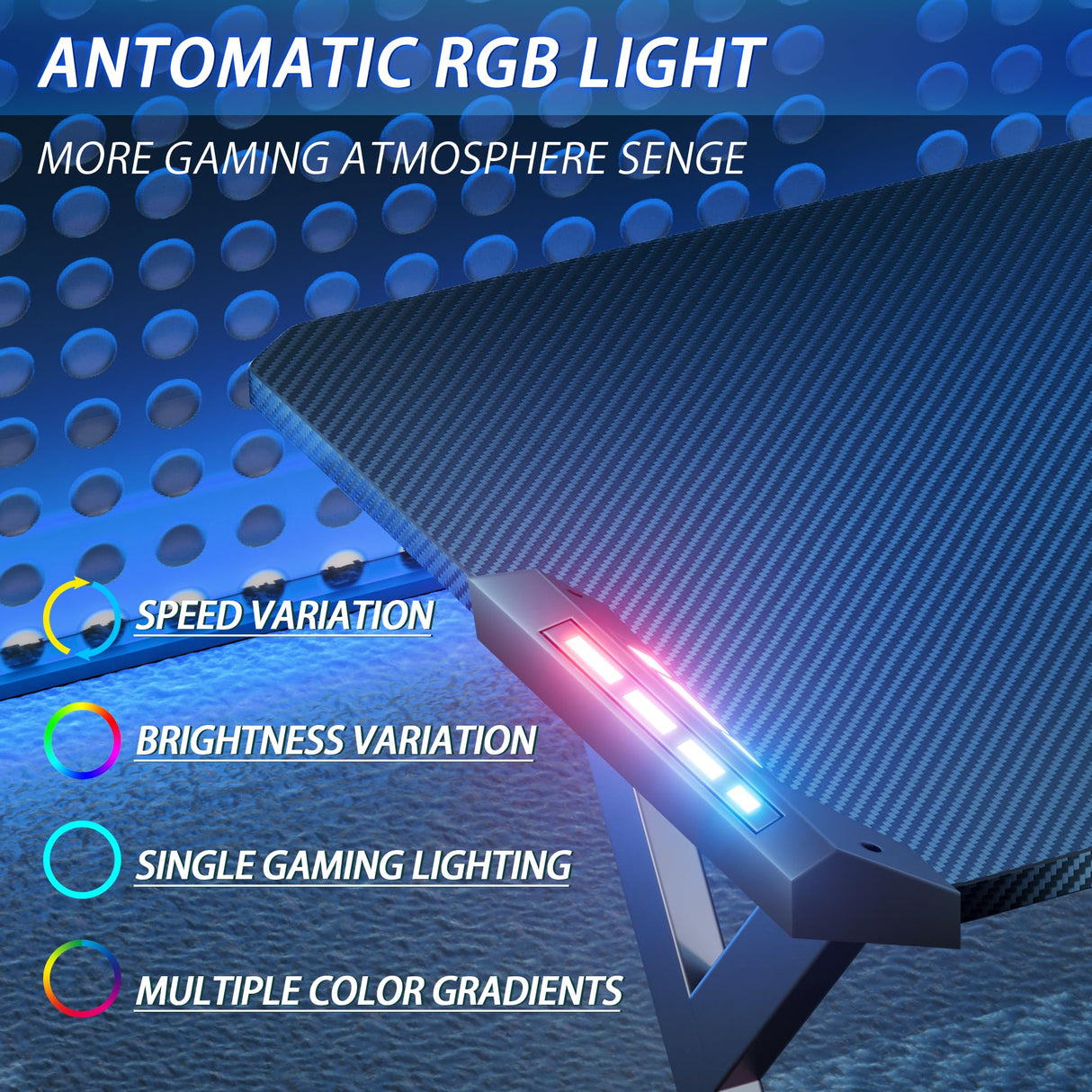 HLDIRECT 55 Inch Gaming Desk with LED Lights, Ergonomic Computer Gaming Table with Carbon Fibre Surface, Sturdy PC Workstation Desk for Gaming and Home Office with Headphone Hook, Cup Holder, Black HLDIRECT