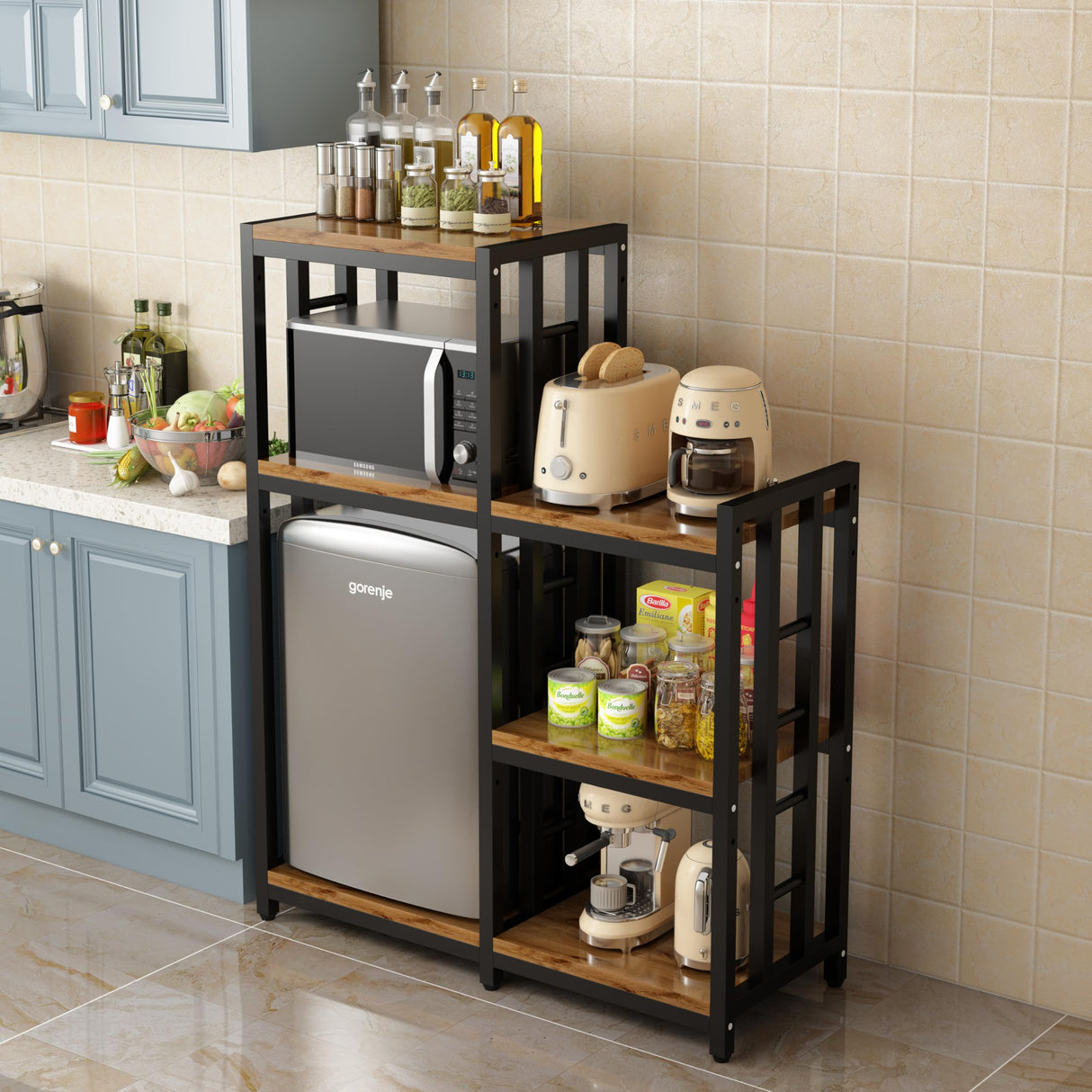 Abao panda Kitchen Bakers Rack, 4-Tier+3-Tier Workstation Organizer Shelf, Free Standing Kitchen Utility Cart Storage Shelf Organizer Utility Microwave Stands Storage for Spice(Rustic Brown) Abao panda