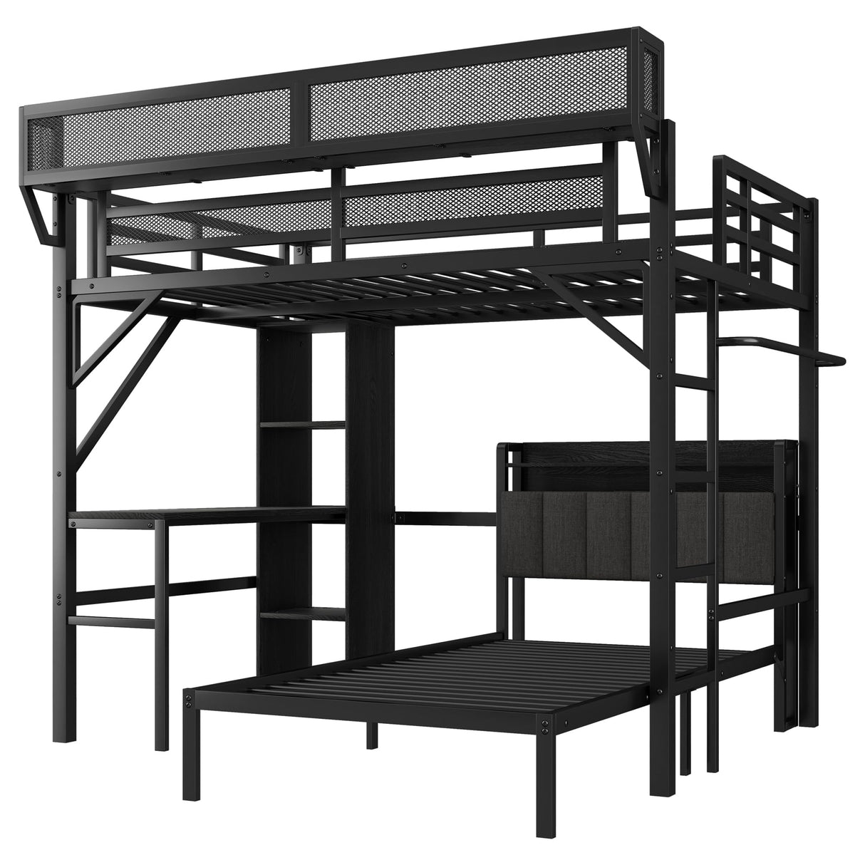 SOFTSEA Full Over Twin Bunk Bed with Desk, LED Lights & USB Charging Station, Detachable Loft Bed Frame with Bedside Shelves & Underbed Space for Kids Teens Adults, Black SOFTSEA