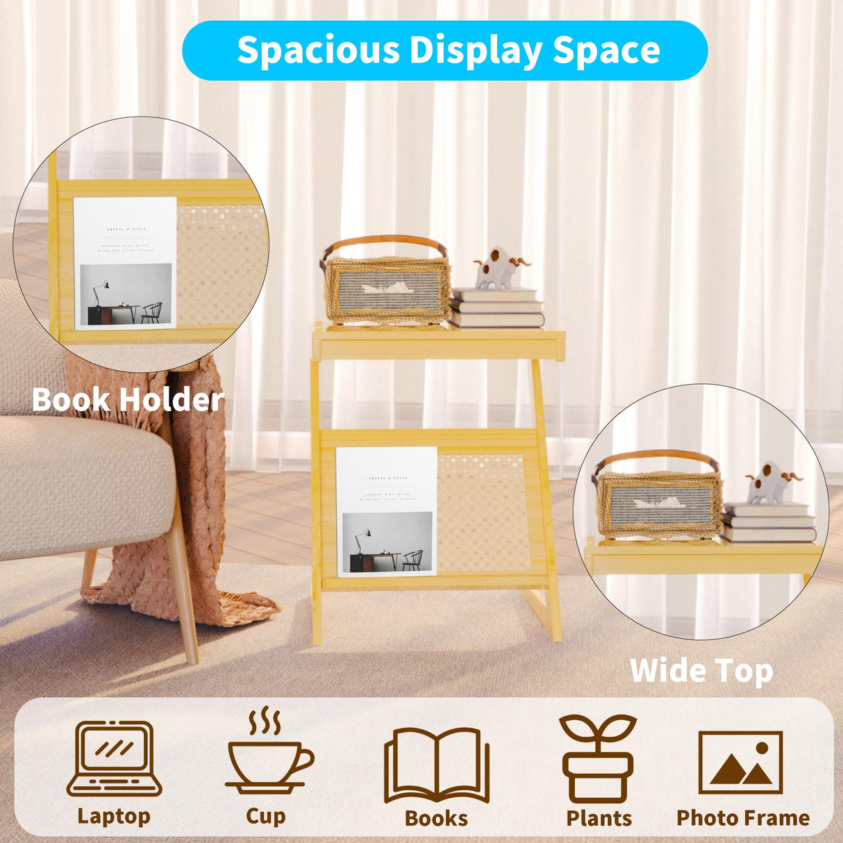 Rattan NightStand Side Table with Adjustable Board Z Shaped End Table for Couch Mid Century Modern Boho NightStand Side Table Bamboo Coffee Side Table for Living Room Bedroom Sofa Small Spaces Natural RKVPCNE