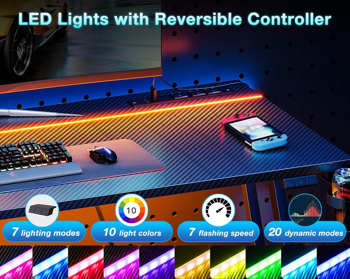 MOTPK Gaming Desk with LED Lights & Power Outlet, Computer Desk 47inch for Small Space, Cheap Gaming Table with Carbon Fiber Texture, Kids Desk Gift for Boys Men, Black MOTPK