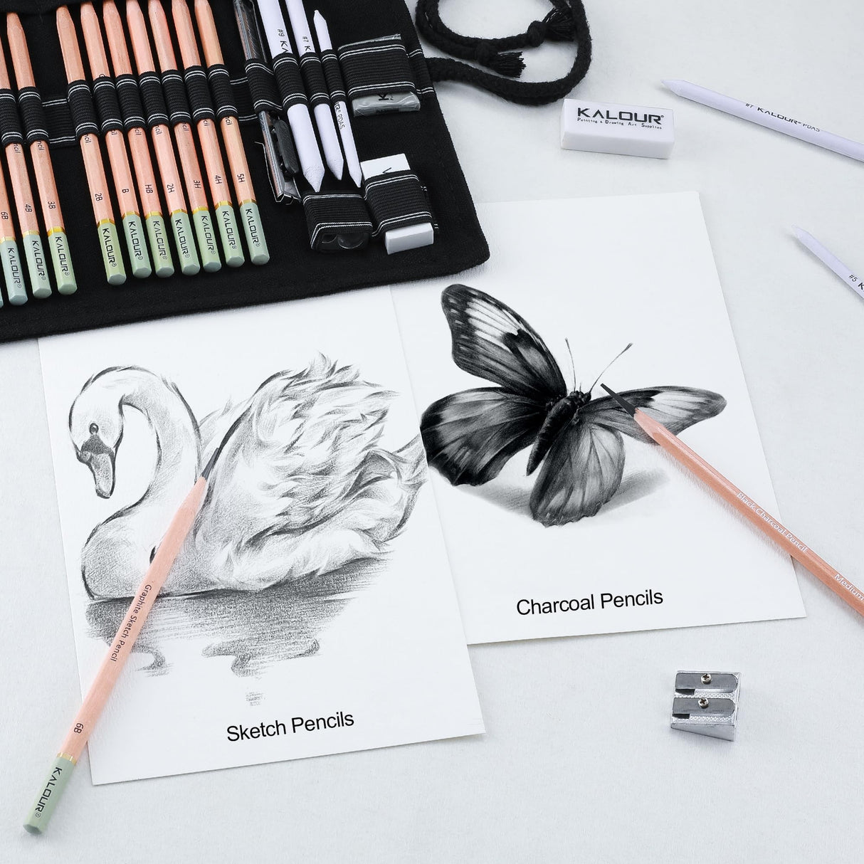 KALOUR 29 Pro Sketching Drawing Pencils Set with Roll-Up Nylon Case – 14 Graphite Pencils (14B–5H), Charcoal Pencils, Erasers, Sharpener & Stumps – Complete Art Kit for Artists & Beginner KALOUR