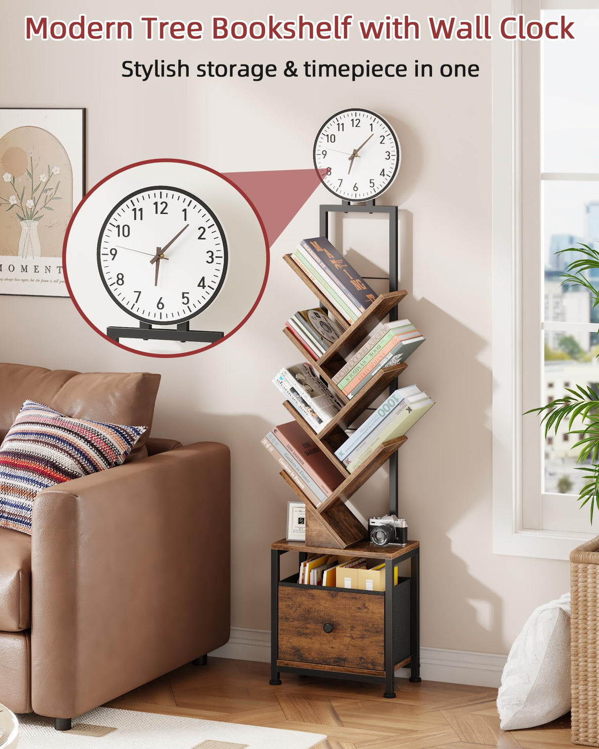 HIGDBFE 6 Tier Tree Bookshelf with Clock and Fabric Drawer, Small Narrow Bookcase, Tall Floor Standing Book Shelf for Bedroom, Living Room, Home Office, Rustic Brown HIGDBFE