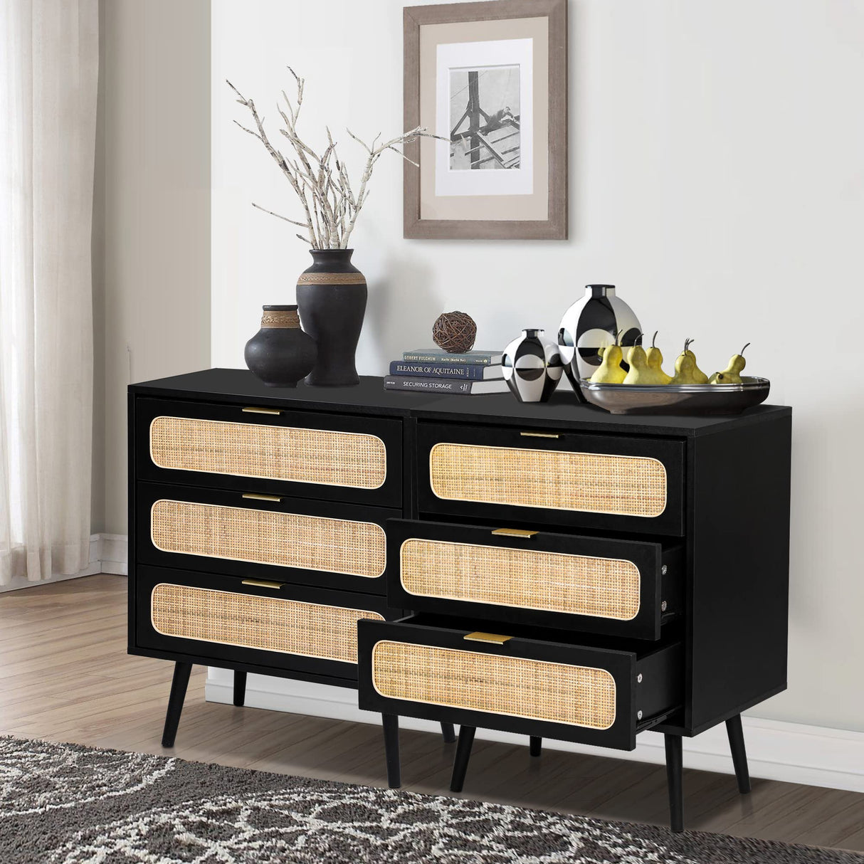 RARZOE 2 Sets of Rattan Nightstand Dresser Chest of 3 Drawers, Wood Storage Dresser Cabinet Organizer Unit for Bedroom Living Room Closet Office(Black) RARZOE