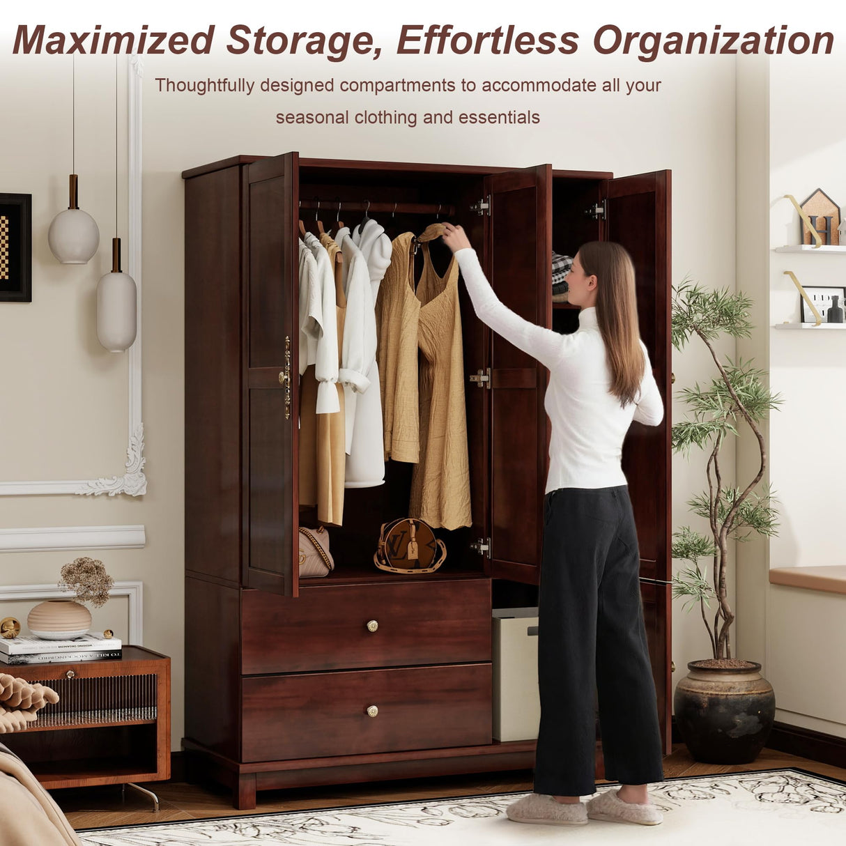 EITACHUL Solid Wood Brown Armoire Wardrobe Closet: 3 Door Solid Wood Wardrobe Cabinet with 2 Drawers, Armoire Closet with Hanging Rods Storing Clothes for Bedroom EITACHUL
