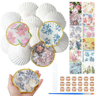 Halloscume 12 Set Scallop Shells for Crafts 4''-5'' White Natural Large Shells with 24 Pcs Decoupage Paper Napkin Acrylic Paint Strips and Brushes for Home Decor Ornaments DIY Arts Crafts Seashells