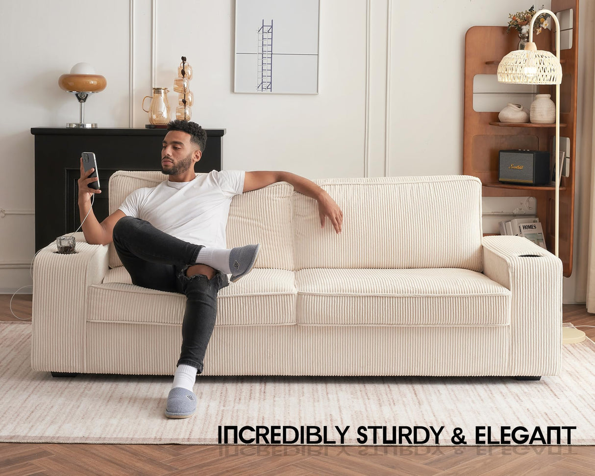 VanAcc Sofa, 89 inch Modern Sofa with USB Charging Ports & Cup Holders, Deep Seat Sofa Couch- Comfy Couch for Living Room (Beige Corduroy) VanAcc
