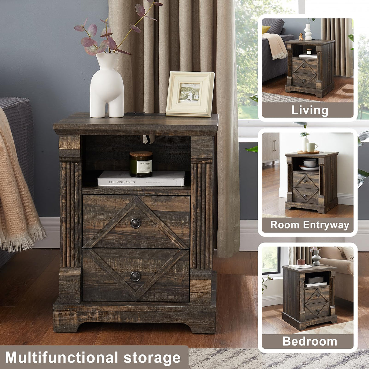 BuildHom Farmhouse Nightstand with Charging Station, 18" Modern Wood Side Table, 2 Drawers End Table & Roman Column Design for Living Room, Bedside Table with Open Shelf for Bed Room, Dark Rustic Oak BuildHom