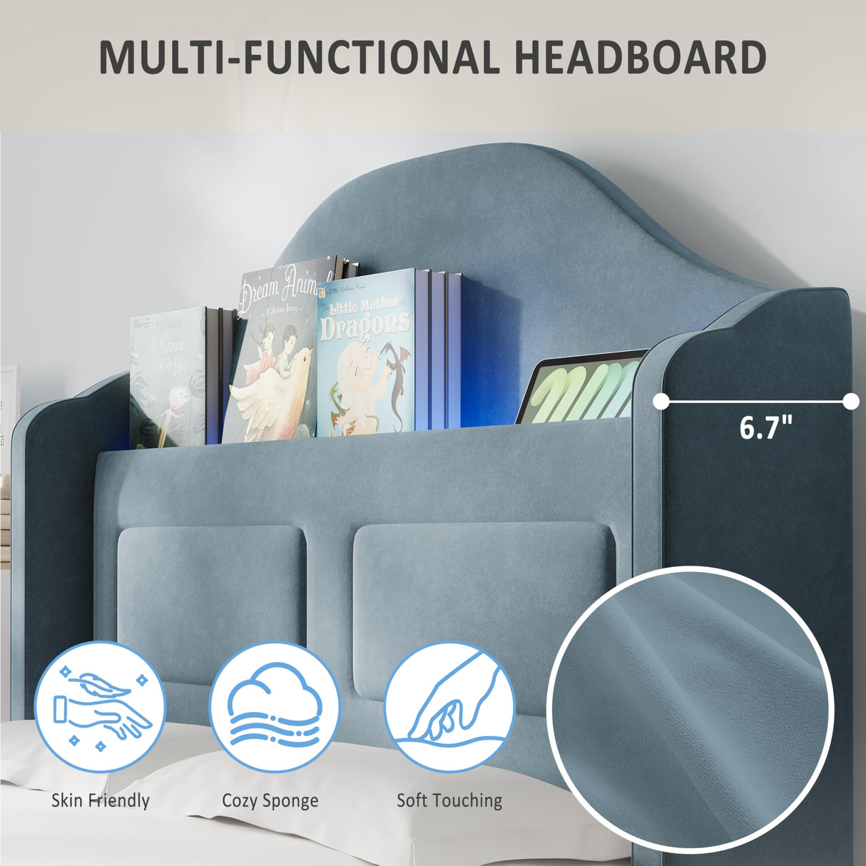 GarveeHome Upholstered Twin Bed Frame with LED Lights, Velvet Platform Bed Frame with Wing Back Storage Headboard, Wood Slats Support, No Box Spring Needed, Easy Assembly, Blue GarveeHome